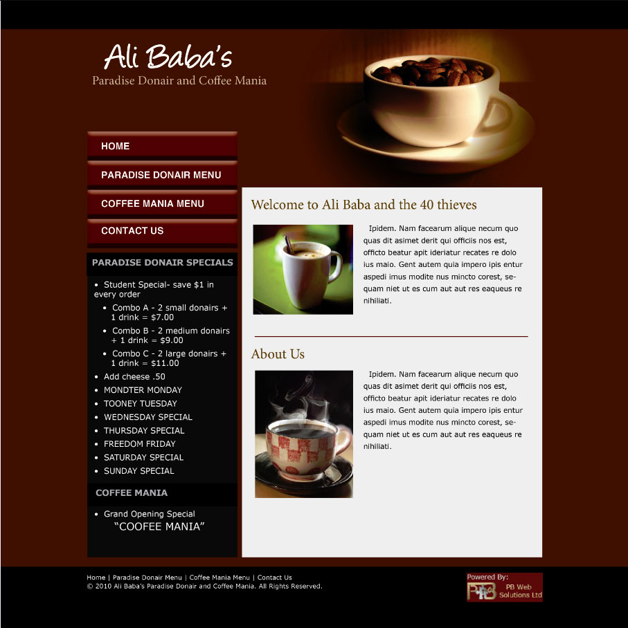 PB Web Solutions Ltd sample website design, Paradise Donair and Coffee Mania