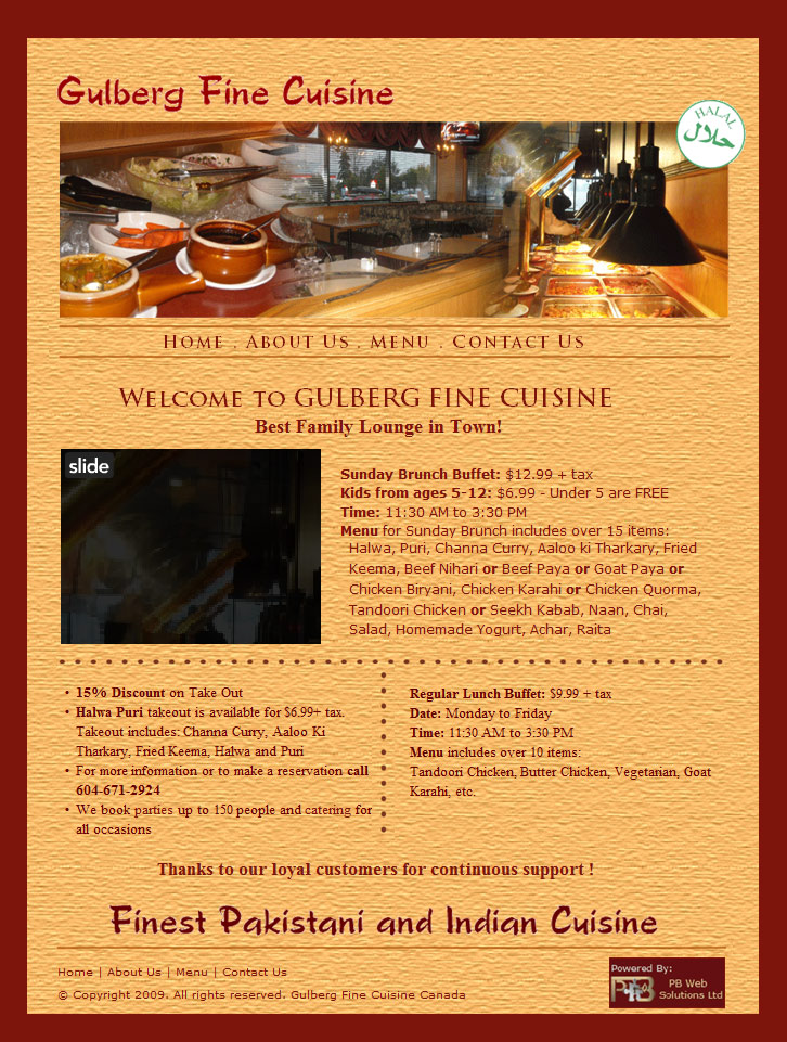 PB Web Solutions Ltd sample website design, Gulberg Indian and Pakistani Restaurant