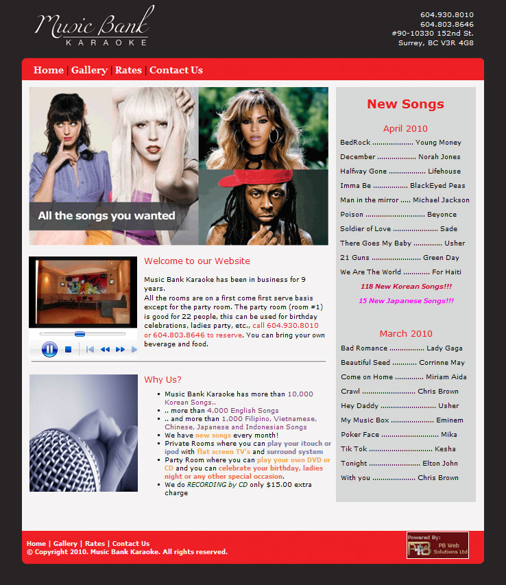 PB Web Solutions Ltd sample website design, Music Bank Karaoke in Guildford Surrey BC